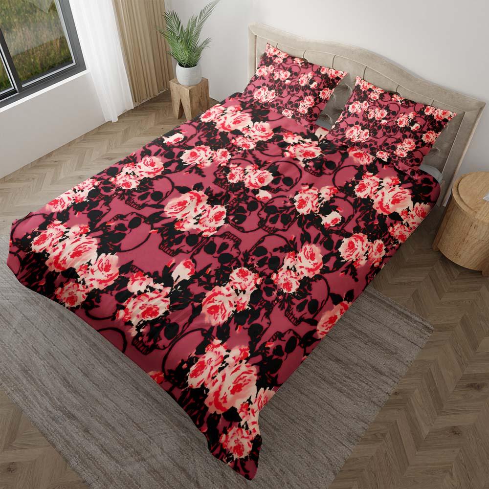 Crimson Skull Floral Pattern Duvet Cover Set - Wonder Skull