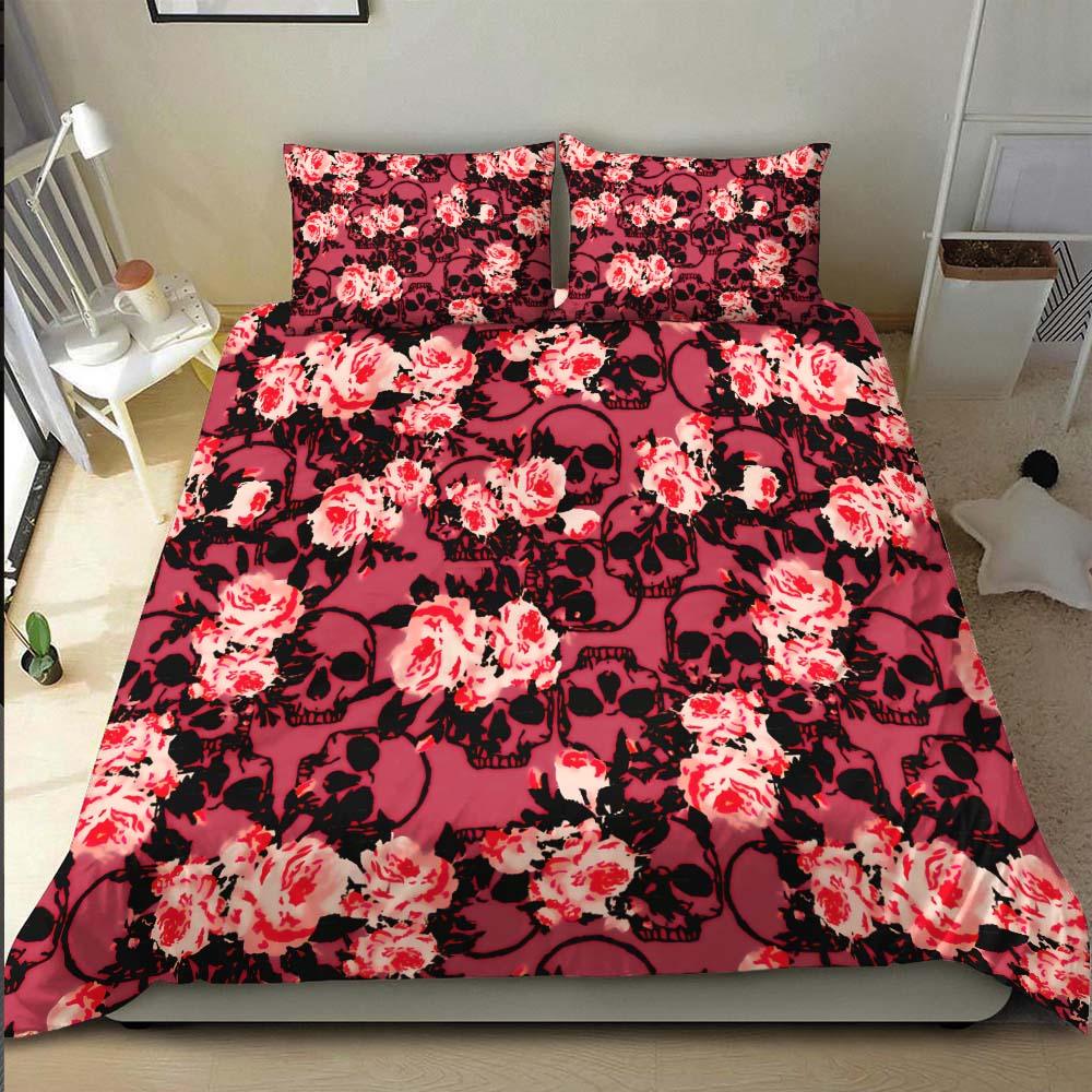 Crimson Skull Floral Pattern Duvet Cover Set - Wonder Skull