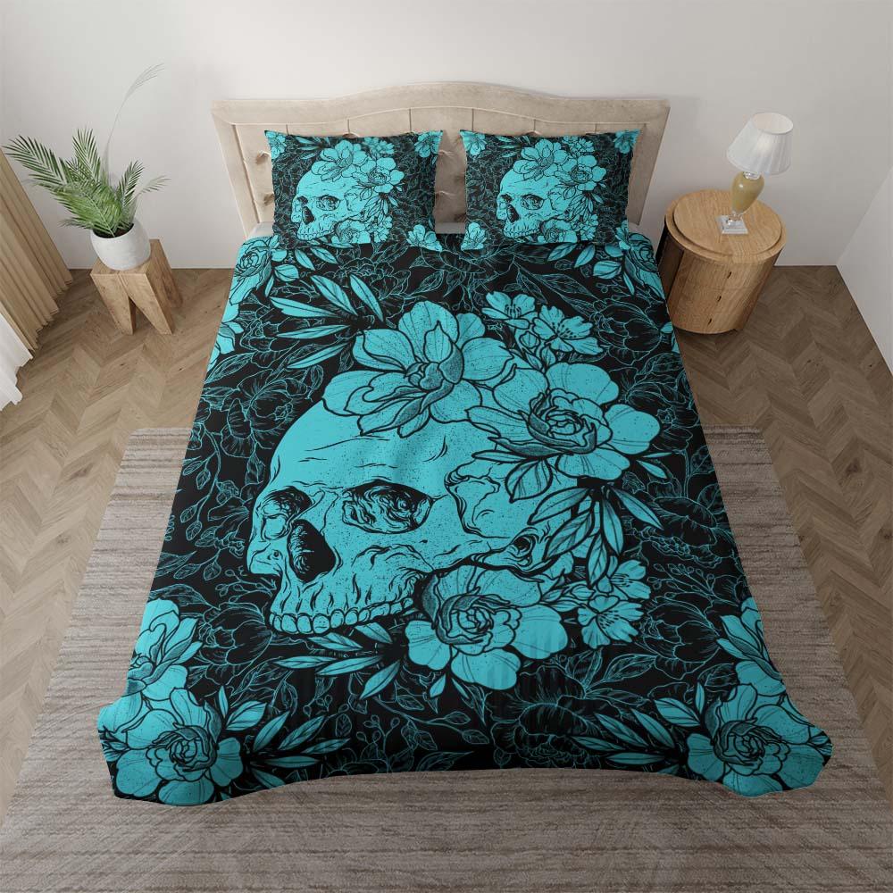 Cyan Skull Floral Duvet Cover Set - Wonder Skull