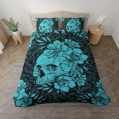 Cyan Skull Floral Duvet Cover Set - Wonder Skull