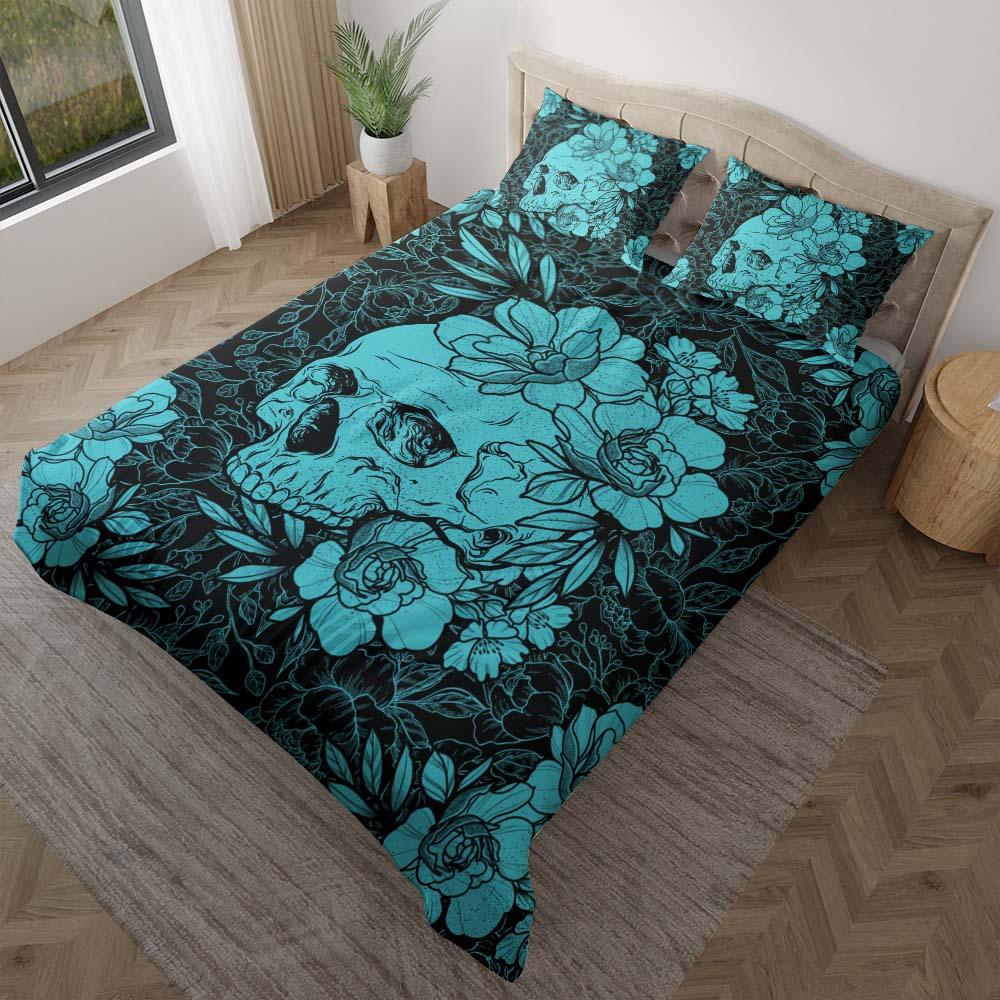 Cyan Skull Floral Duvet Cover Set - Wonder Skull