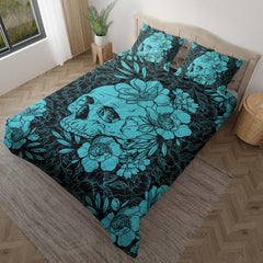 Cyan Skull Floral Duvet Cover Set - Wonder Skull