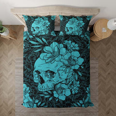 Cyan Skull Floral Duvet Cover Set - Wonder Skull