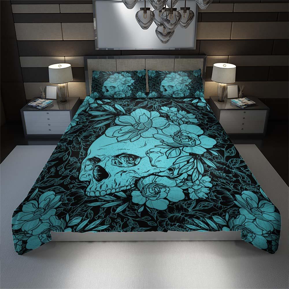 Cyan Skull Floral Duvet Cover Set - Wonder Skull