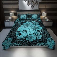 Cyan Skull Floral Duvet Cover Set - Wonder Skull