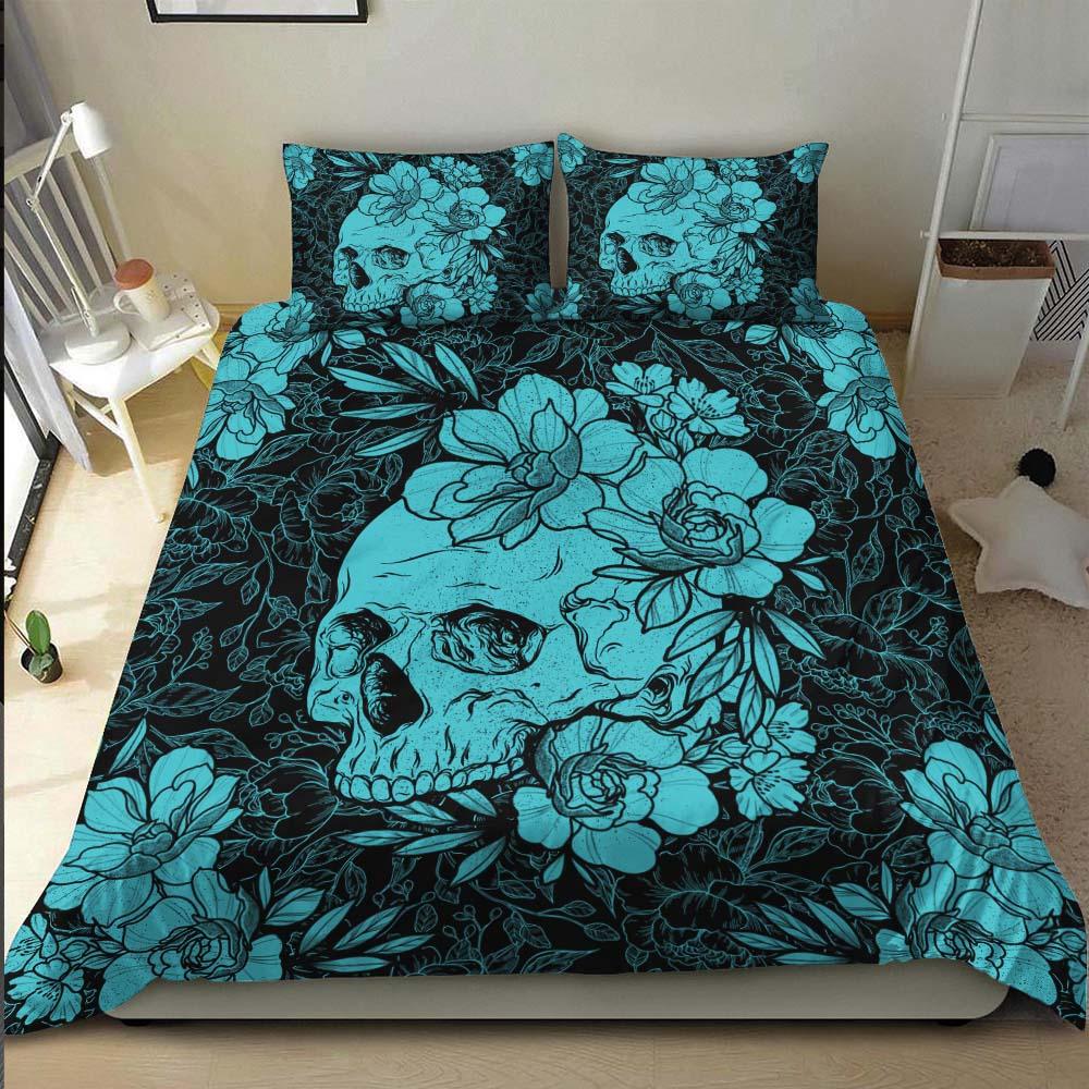 Cyan Skull Floral Duvet Cover Set - Wonder Skull