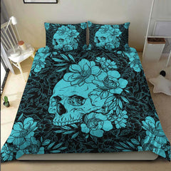 Cyan Skull Floral Duvet Cover Set - Wonder Skull