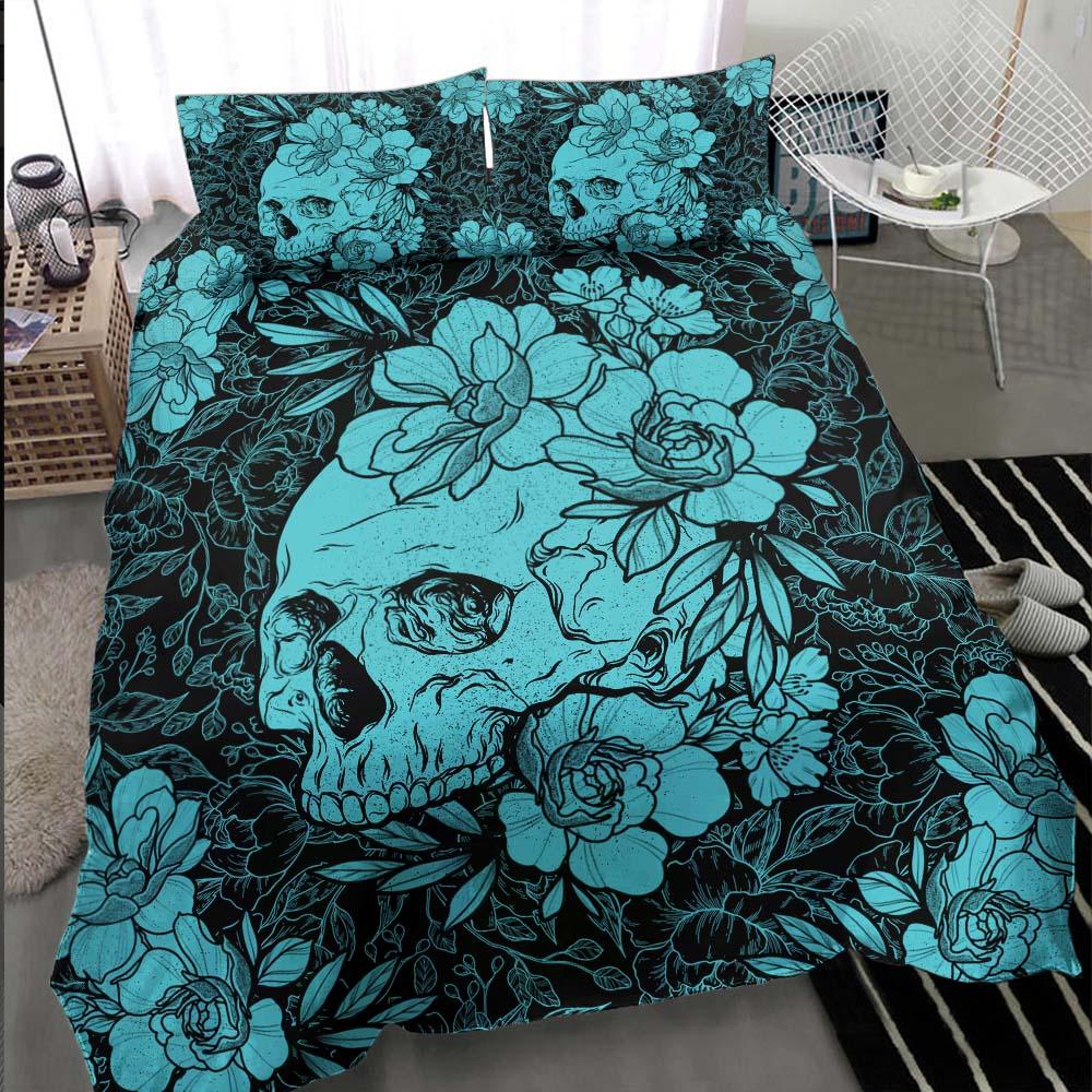 Cyan Skull Floral Duvet Cover Set - Wonder Skull