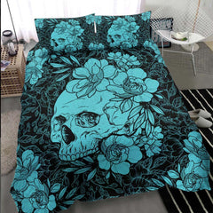 Cyan Skull Floral Duvet Cover Set - Wonder Skull