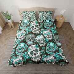 Cyan Sugar Skull Pattern Duvet Cover Set - Wonder Skull