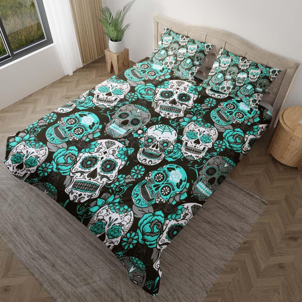 Cyan Sugar Skull Pattern Duvet Cover Set - Wonder Skull