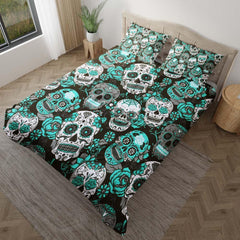 Cyan Sugar Skull Pattern Duvet Cover Set - Wonder Skull