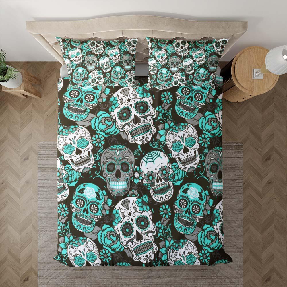 Cyan Sugar Skull Pattern Duvet Cover Set - Wonder Skull