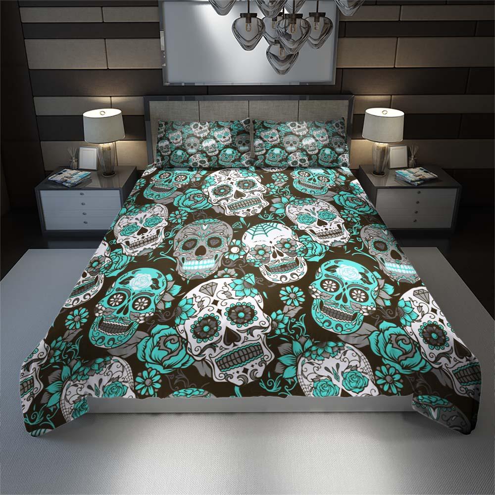 Cyan Sugar Skull Pattern Duvet Cover Set - Wonder Skull