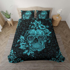 Cyan Sugar Skull With Floral Ornament Duvet Cover Set - Wonder Skull