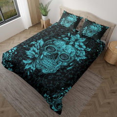 Cyan Sugar Skull With Floral Ornament Duvet Cover Set - Wonder Skull