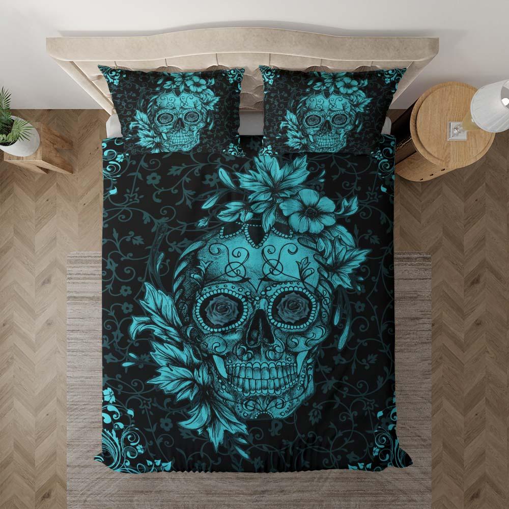 Cyan Sugar Skull With Floral Ornament Duvet Cover Set - Wonder Skull