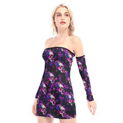 Skull Rose Pink Gradient Off-shoulder Back Lace-up Dress - Wonder Skull