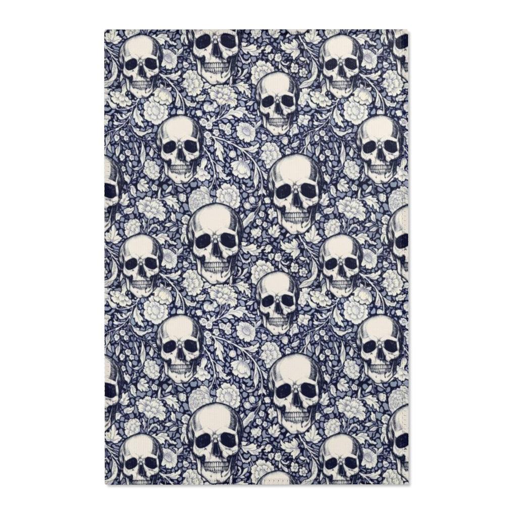 Skull Navy Blue & White Floral Area Rugs - Wonder Skull