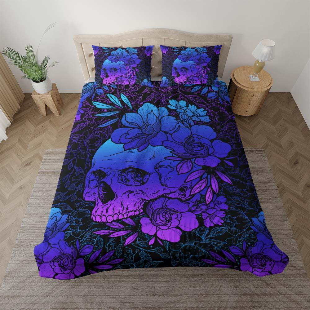 Dark Blue Gradient Floral Skull Duvet Cover Set - Wonder Skull