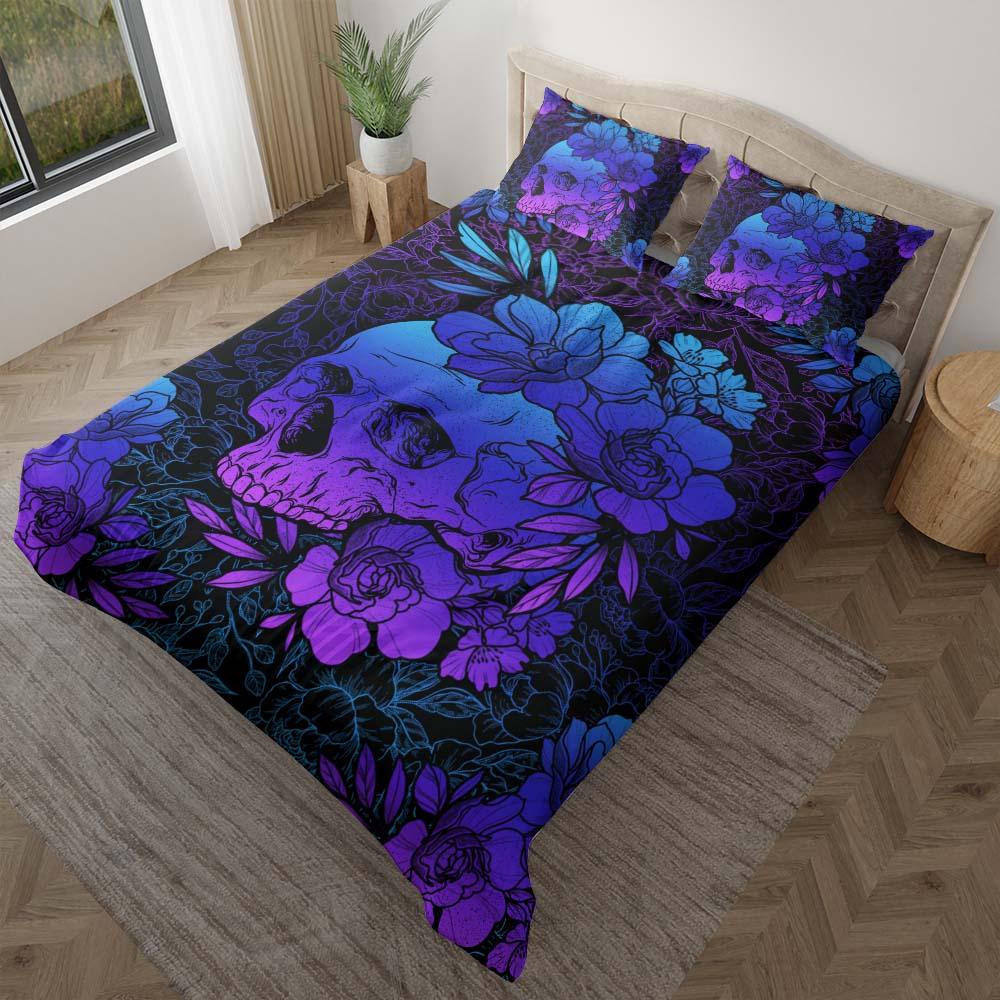 Dark Blue Gradient Floral Skull Duvet Cover Set - Wonder Skull