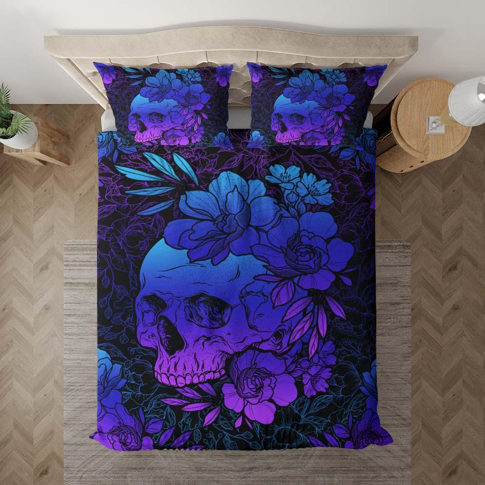 Dark Blue Gradient Floral Skull Duvet Cover Set - Wonder Skull