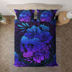 Dark Blue Gradient Floral Skull Duvet Cover Set - Wonder Skull