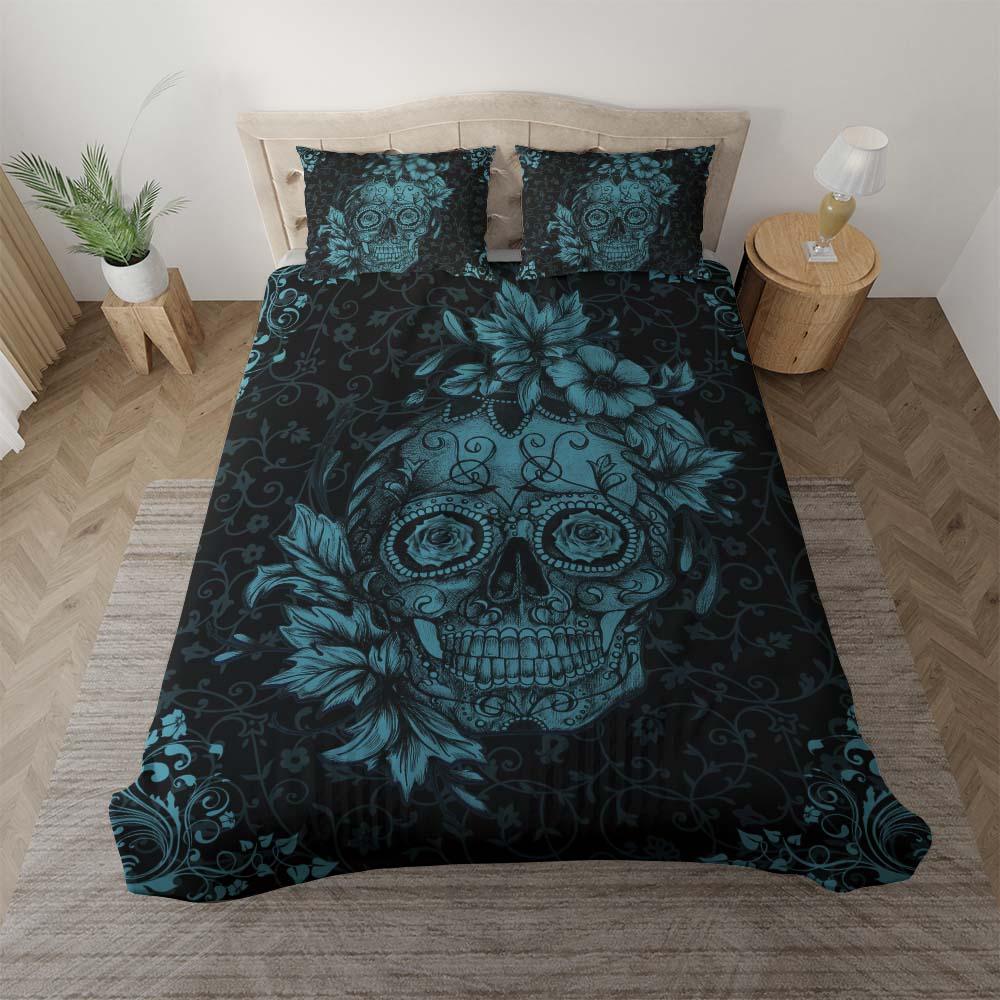 Dark Cyan Sugar Skull Duvet Cover Set - Wonder Skull