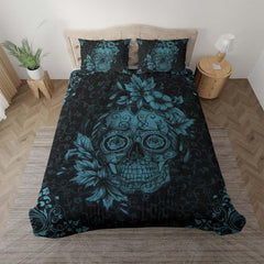 Dark Cyan Sugar Skull Duvet Cover Set - Wonder Skull