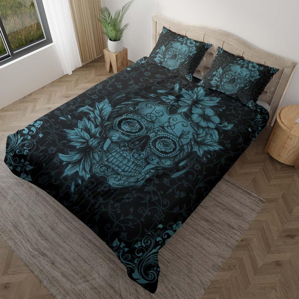 Dark Cyan Sugar Skull Duvet Cover Set - Wonder Skull