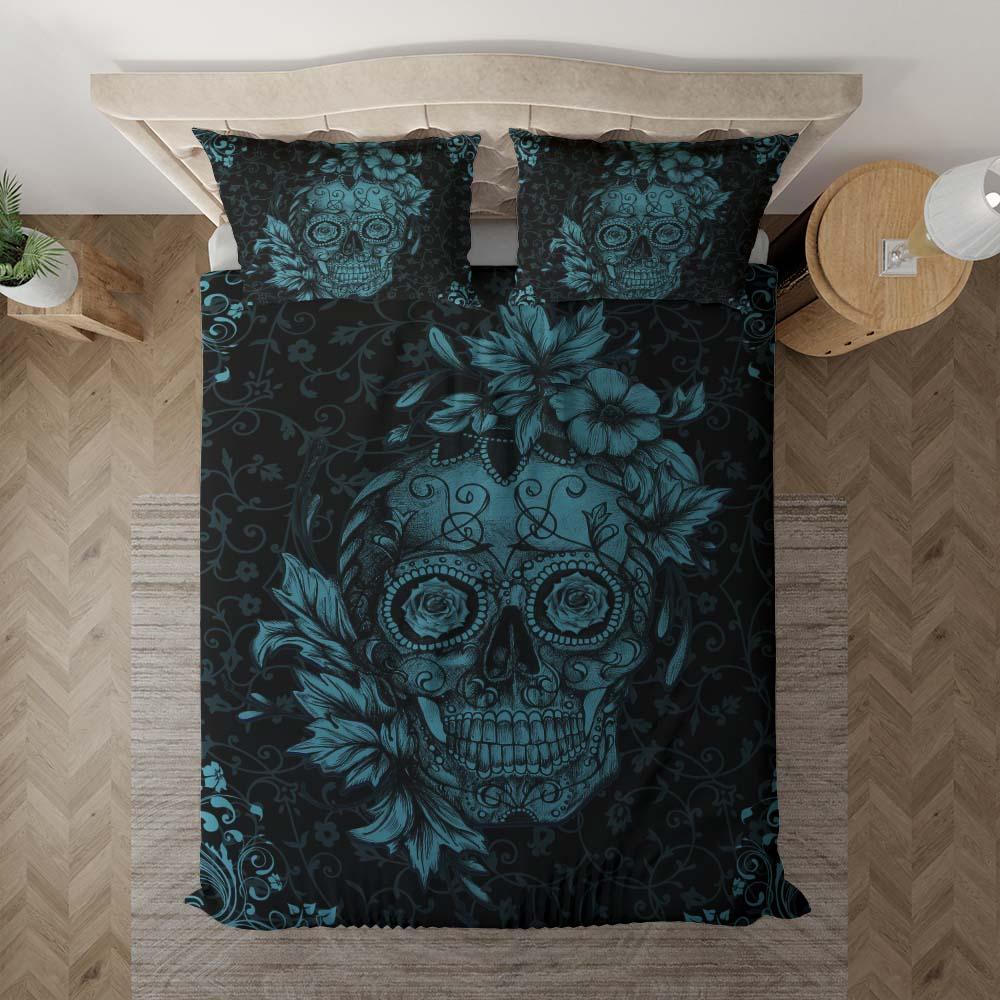 Dark Cyan Sugar Skull Duvet Cover Set - Wonder Skull