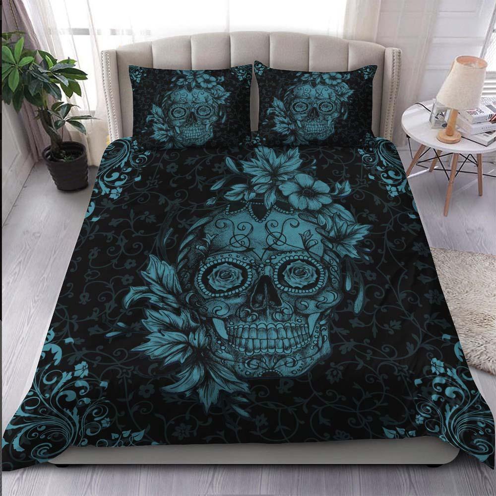 Dark Cyan Sugar Skull Duvet Cover Set - Wonder Skull