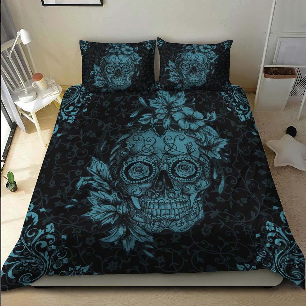 Dark Cyan Sugar Skull Duvet Cover Set - Wonder Skull