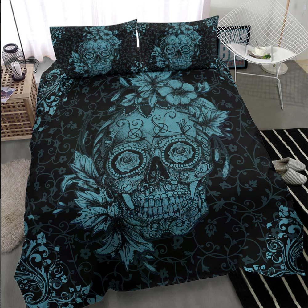 Dark Cyan Sugar Skull Duvet Cover Set - Wonder Skull