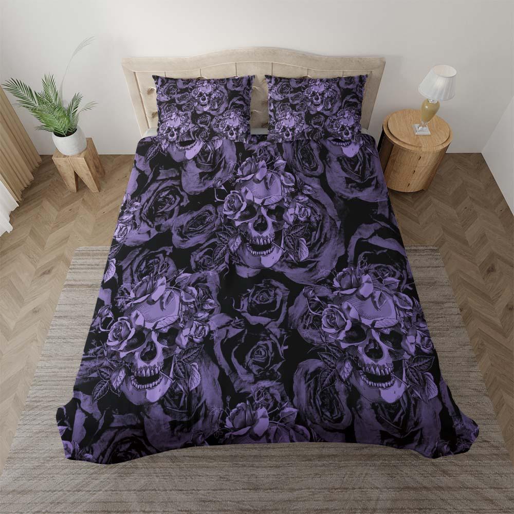 Dark Purple Skull With Roses Art Duvet Cover Set - Wonder Skull