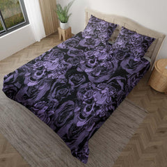 Dark Purple Skull With Roses Art Duvet Cover Set - Wonder Skull