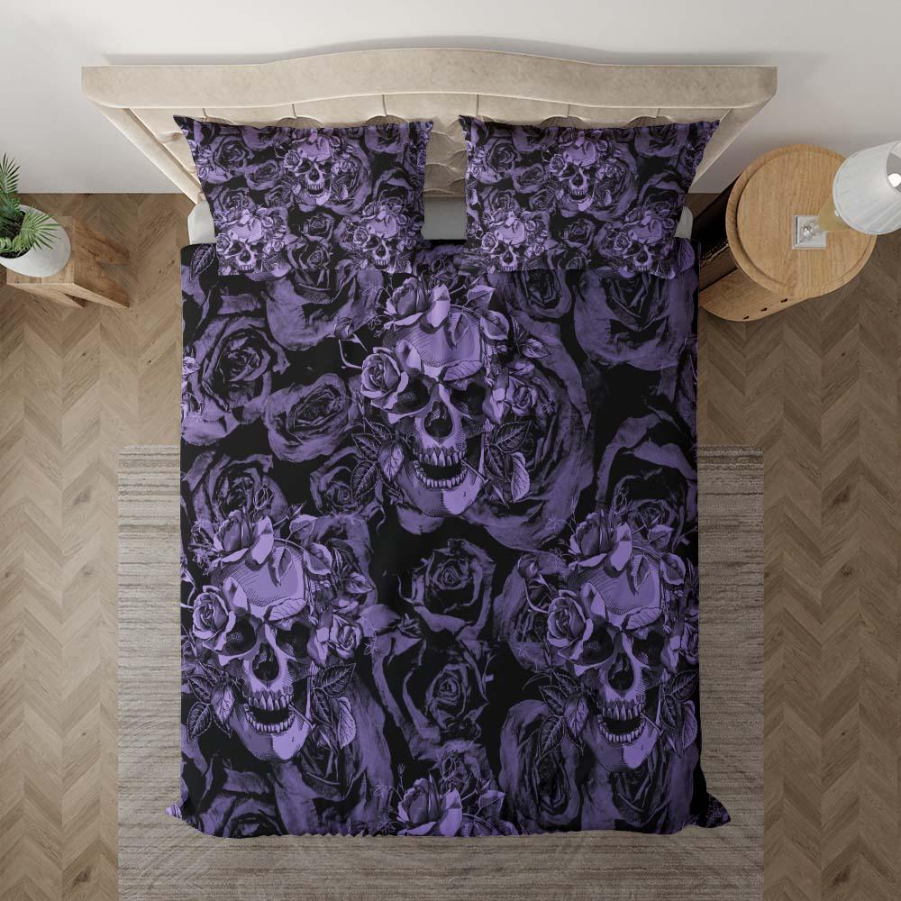 Dark Purple Skull With Roses Art Duvet Cover Set - Wonder Skull