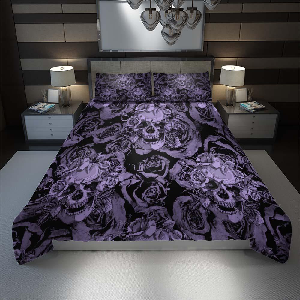 Dark Purple Skull With Roses Art Duvet Cover Set - Wonder Skull