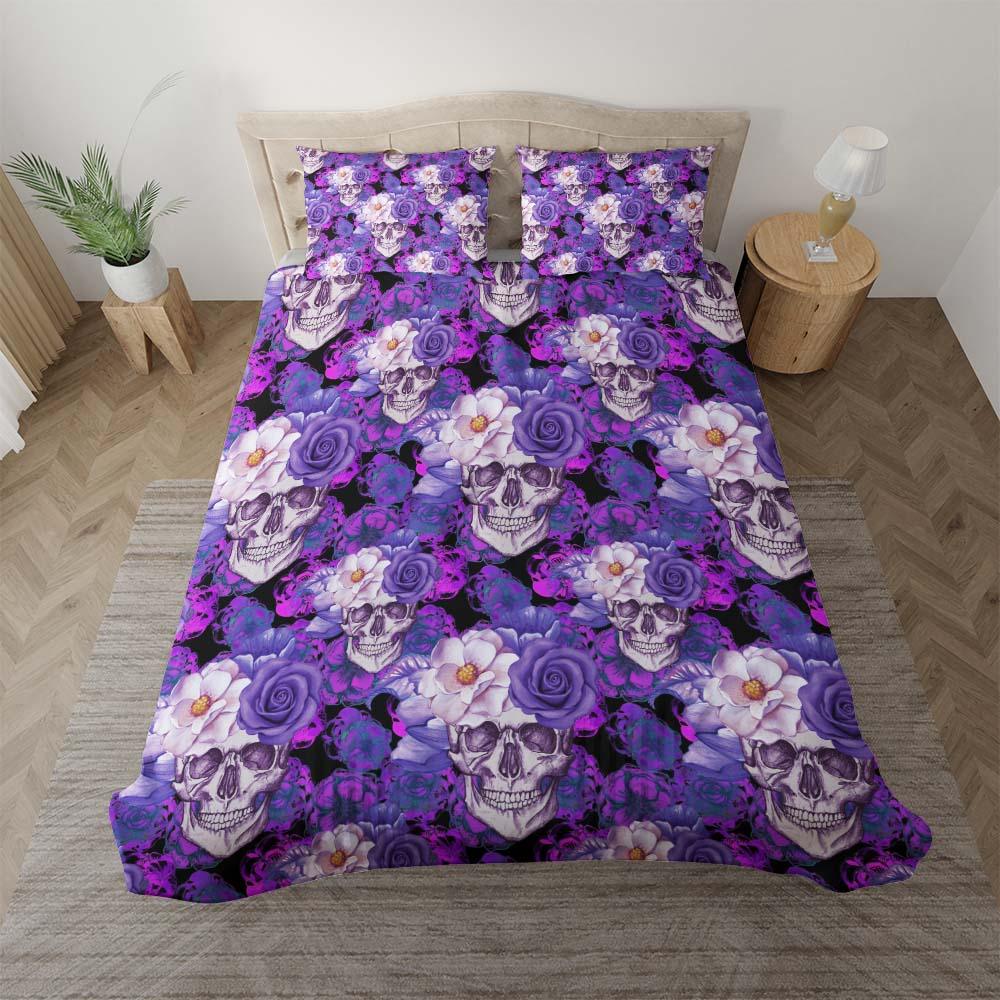 Dark Violet Floral Skull Pattern Duvet Cover Set - Wonder Skull