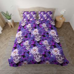 Dark Violet Floral Skull Pattern Duvet Cover Set - Wonder Skull