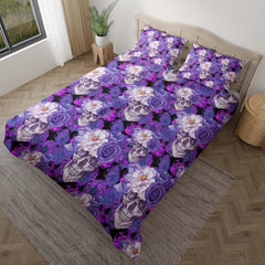 Dark Violet Floral Skull Pattern Duvet Cover Set - Wonder Skull
