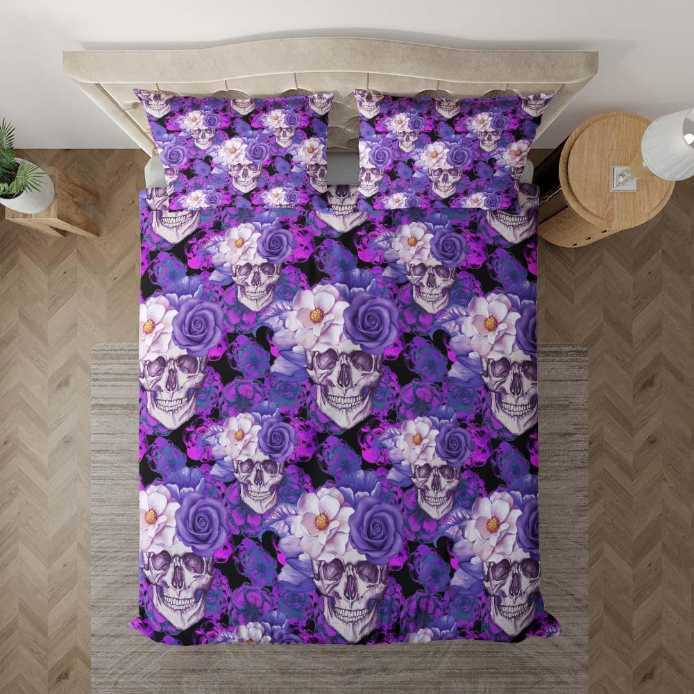Dark Violet Floral Skull Pattern Duvet Cover Set - Wonder Skull