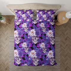 Dark Violet Floral Skull Pattern Duvet Cover Set - Wonder Skull
