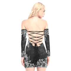 Skull Biting Rose Off-shoulder Back Lace-up Dress - Wonder Skull