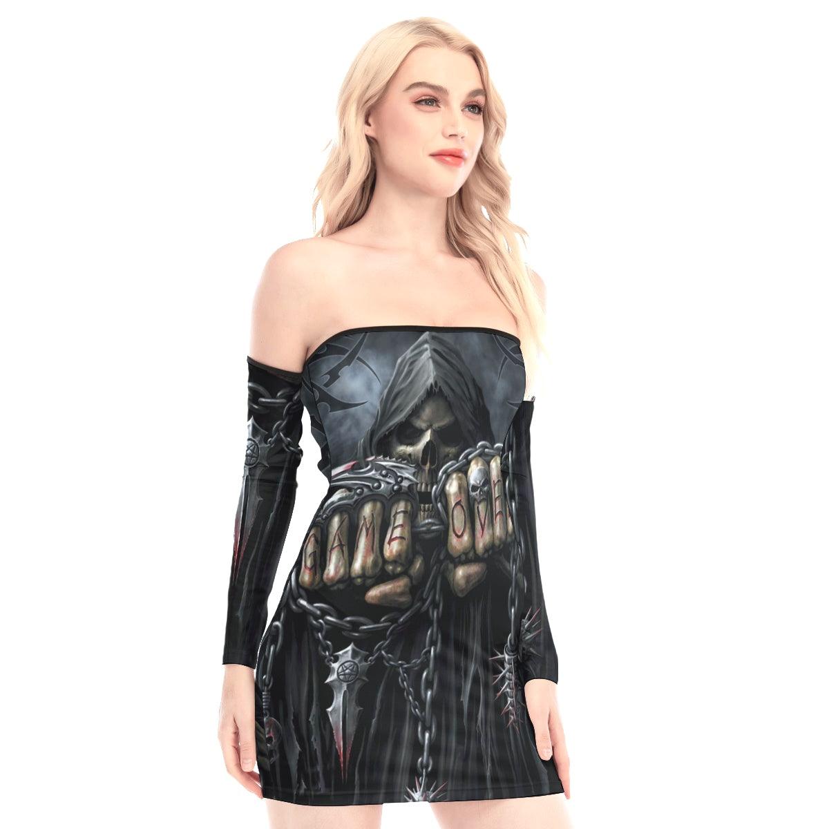 Game Over Skull Off-shoulder Back Lace-up Dress - Wonder Skull