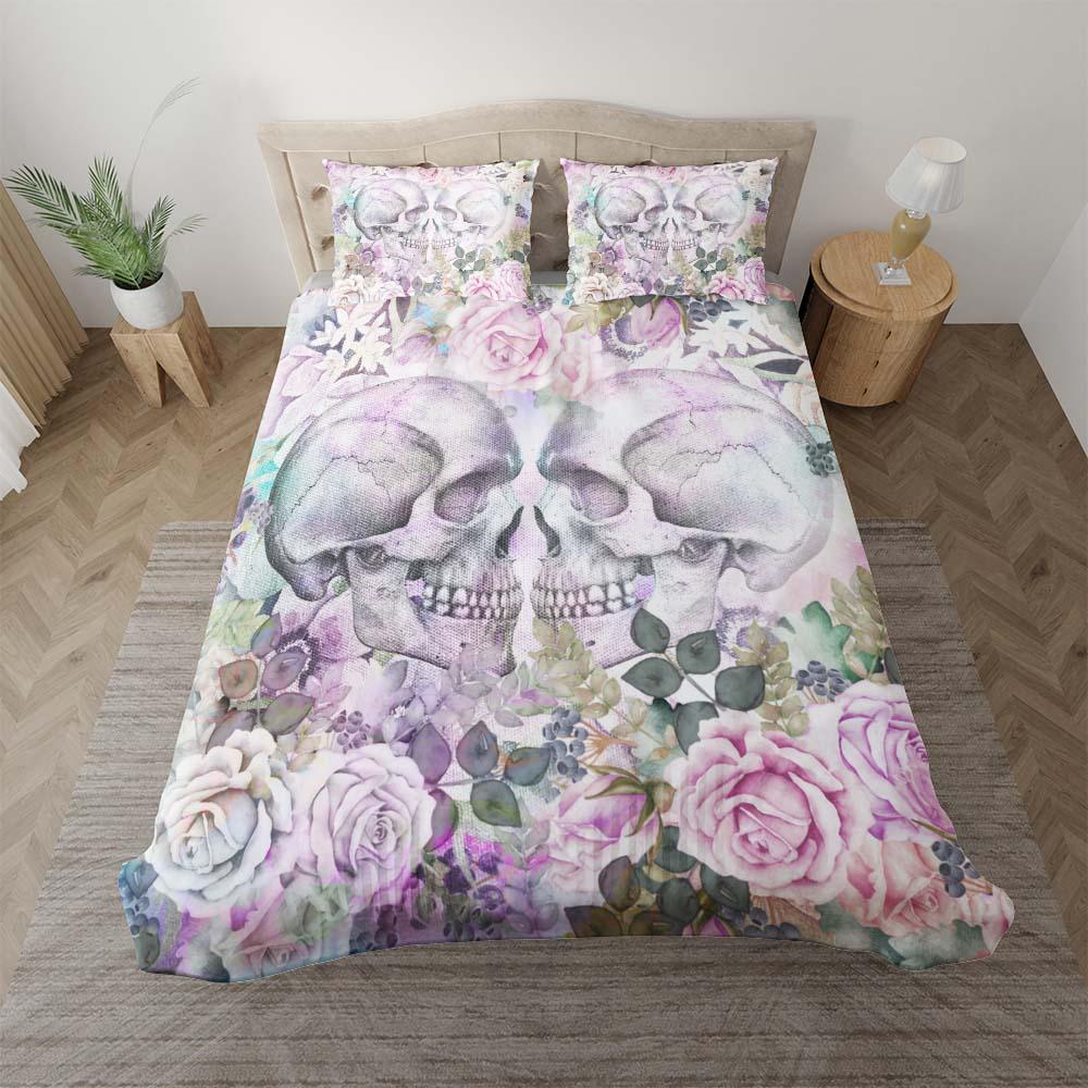 Skull Couple Love With Flower Duvet Cover Set - Wonder Skull