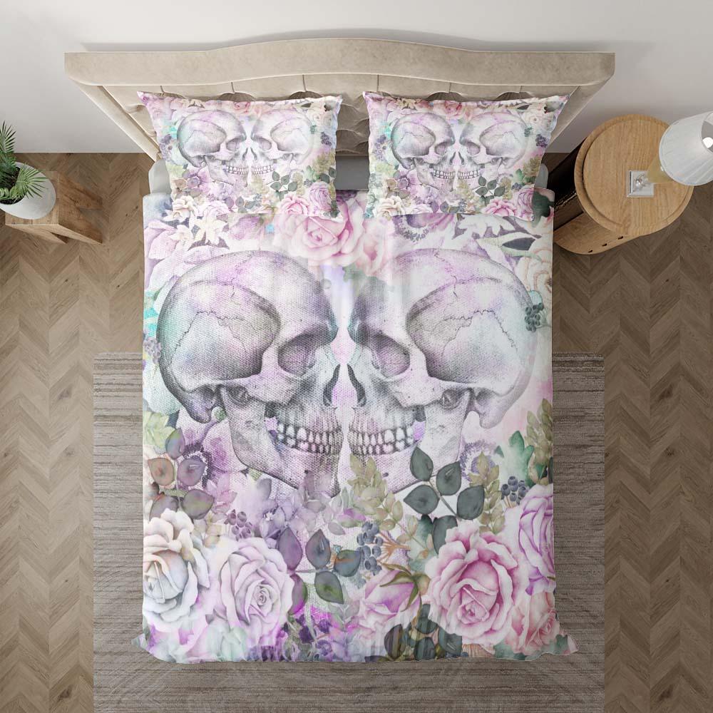 Skull Couple Love With Flower Duvet Cover Set - Wonder Skull