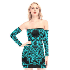 Turquoise Mandala Skull Off-shoulder Back Lace-up Dress - Wonder Skull