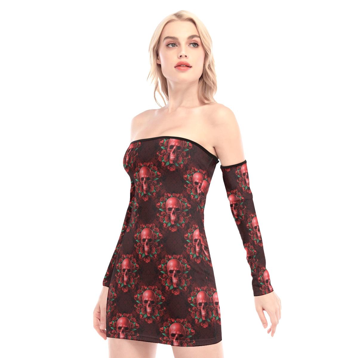 Skull Rose Pattern Off-shoulder Back Lace-up Dress - Wonder Skull