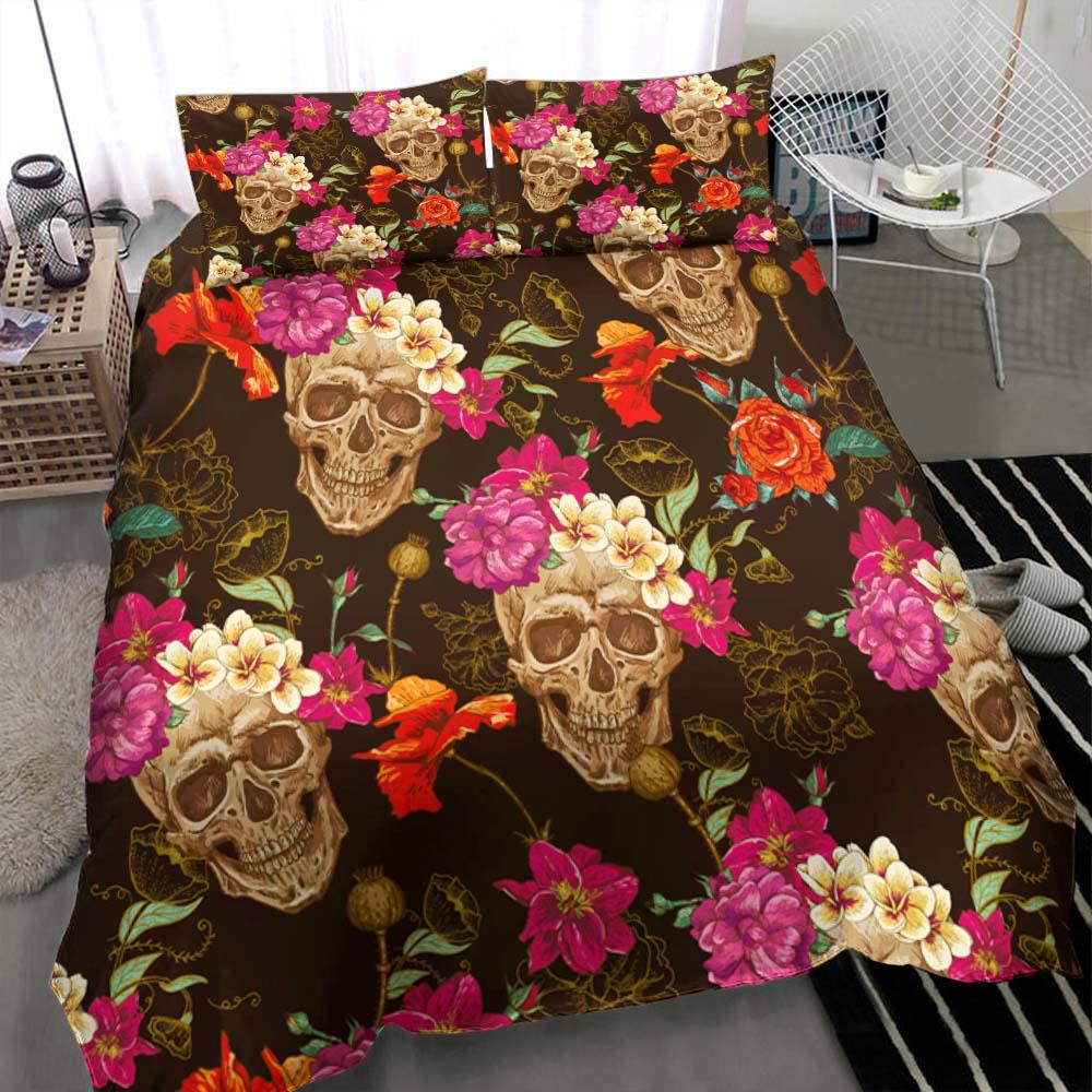 Floral Skull Dark Orange Duvet Cover Set - Wonder Skull